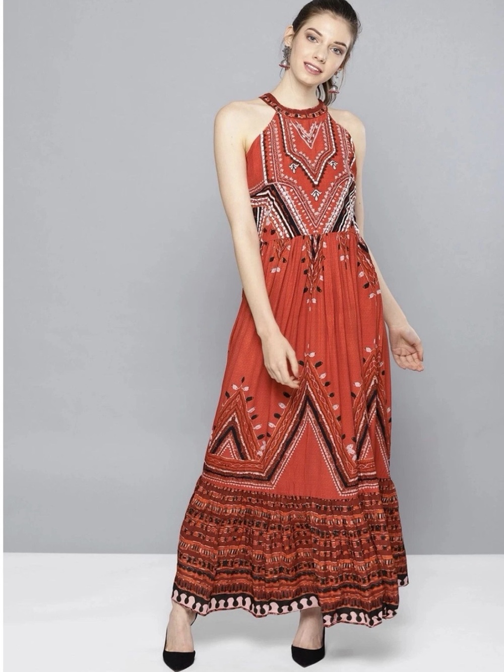 Ritu Kumar Boho Gypsy Beads Halter Maxi Dress Rust coral red - Picture 3 of 5